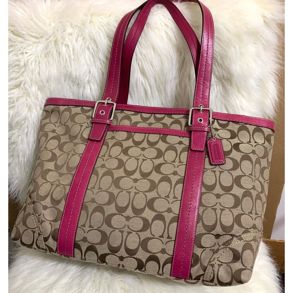 COACH HAMPTON Large Vintage Khaki & Pink Signature Canvas Tote F12647 - Picture 15 of 15